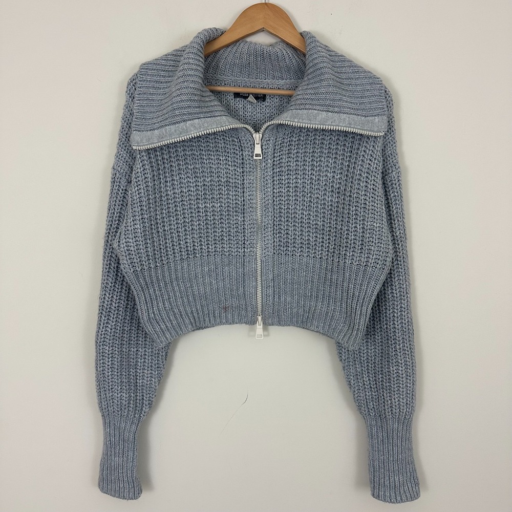 Urban Outfitters Slouchy Sweater Grey Chunky Knit Y2K Zip Cropped Womens L